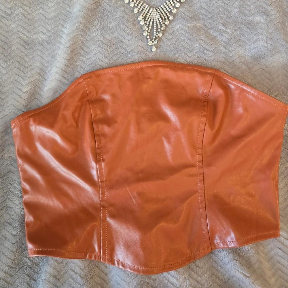Wild Fable Orange faux leather corset top w/ rhinestone necklace